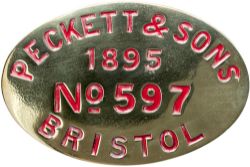 Worksplate oval engraved brass PECKETT & SONS BRISTOL No 597 1895 ex type R1 0-4-0 ST. Originally