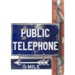Advertising enamel sign PUBLIC TELEPHONE with additional sign below 1/2 MILE and arrow. Double sided