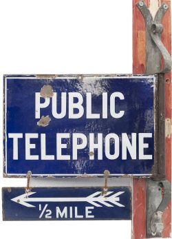 Advertising enamel sign PUBLIC TELEPHONE with additional sign below 1/2 MILE and arrow. Double sided