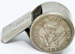 Isle Of man Railway nickel plated brass guards button whistle, with two 1in diameter buttons