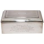 GWR solid silver desktop cigarette box, hand engraved to front PRESENTED TO MR F T BOWLER BY HIS