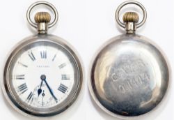 GWR nickel cased pocket watch, dial signed RECORD and movement signed RECORD 15 Jewels Swiss made.