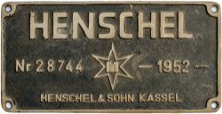 Henschel cast brass worksplate Nr 28744 1952 Henschel & Sohn Kassel ex South African Railways