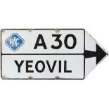 RAC motoring enamel direction sign A30 YEOVIL. Double sided measuring 36in x 17in. Both sides in