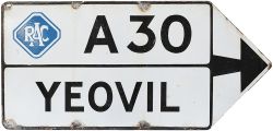 RAC motoring enamel direction sign A30 YEOVIL. Double sided measuring 36in x 17in. Both sides in