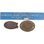 Gloucester Railway Carriage & Wagon Co Ltd plates x3: rectangular cast aluminium x1, G shaped cast