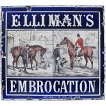 Advertising pictorial enamel sign ELLIMANS EMBROCATION depicting horses and huntsman with hounds.