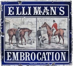 Advertising pictorial enamel sign ELLIMANS EMBROCATION depicting horses and huntsman with hounds.