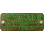 Worksplate R.A.LISTER & CO LTD DURSLEY No 36745 TYPE R ex 0-4-0 Rail Locomotive. Measures 6.5in x