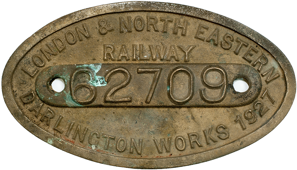 LNER cast brass 9x5 works numberplate 62709 Built Darlington 1927 Ex Gresley 4-4-0 Berwickshire