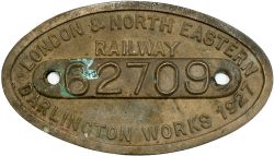 LNER cast brass 9x5 works numberplate 62709 Built Darlington 1927 Ex Gresley 4-4-0 Berwickshire