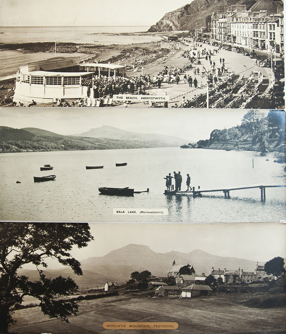 GWR sepia carriage prints x3 consisting of: THE BEACH ABERYSTWYTH, MOELWYN MOUNTAIN FESTINIOG, and