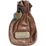 GWR leather cashbag with hand engraved brass plate G.W.R. FOWEY. Complete with BR-W brass padlock