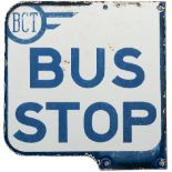 Motoring bus enamel sign BCT (BRADFORD CORPORATION TRANSPORT) BUS STOP. Double sided measures 12in x