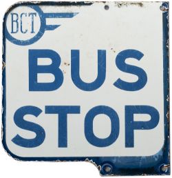 Motoring bus enamel sign BCT (BRADFORD CORPORATION TRANSPORT) BUS STOP. Double sided measures 12in x