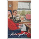 Poster BR RELAX BY RAIL, a period image of passengers viewing road traffic jams. Double Royal 25in x