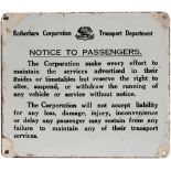 Motoring bus enamel sign ROTHERHAM CORPORATION TRANSPORT DEPARTMENT NOTICE TO PASSENGERS re