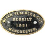 Worksplate oval cast brass BEYER PEACOCK & CO LTD MANCHESTER REBUILT 1921. Probably from one of