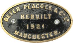 Worksplate oval cast brass BEYER PEACOCK & CO LTD MANCHESTER REBUILT 1921. Probably from one of
