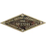 North British Locomotive cast brass worksplate No 27293 1953 ex South African Railways Class 25NC