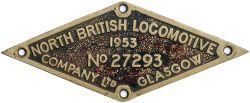 North British Locomotive cast brass worksplate No 27293 1953 ex South African Railways Class 25NC