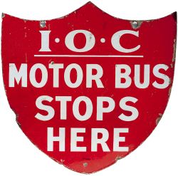 Motoring bus enamel sign I.O.C MOTOR BUS STOPS HERE (IRISH OMNIBUE COMPANY). Double sided measures