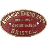 Worksplate AVONSIDE ENGINE CO LTD BRISTOL BUILT 1923 ENGINE NO 1905. Ex 0-4-0 ST delivered new to