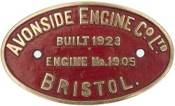 Worksplate AVONSIDE ENGINE CO LTD BRISTOL BUILT 1923 ENGINE NO 1905. Ex 0-4-0 ST delivered new to