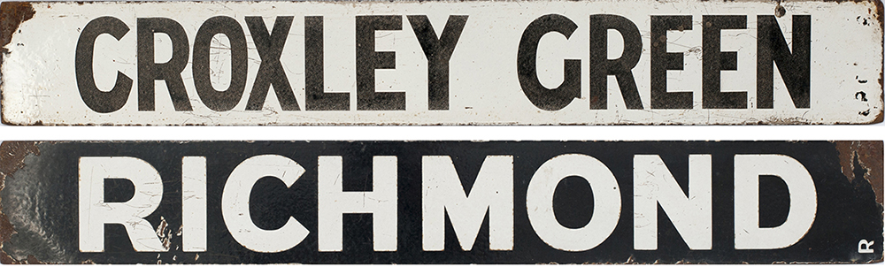 LMS/LNWR enamel destination board RICHMOND-CROXLEY GREEN. As used on the LMS/LNWR electric