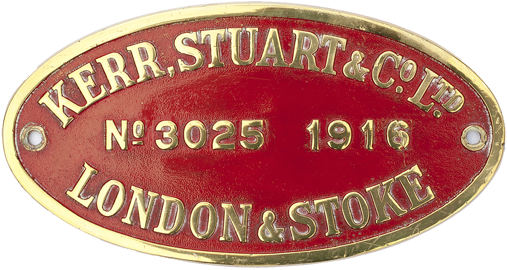 Worksplate oval cast brass KERR STUART & CO LTD LONDON & STOKE No 3025 1916 ex 0-4-2 ST Brazil