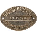 Worksplate AVELING BARFORD REF No AD 286 GRATHAM ex diesel road roller. Oval cast brass measuring