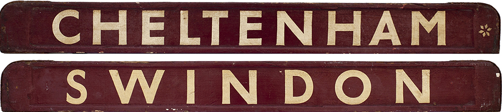 GWR/BR-W wooden carriage board CHELTENHAM-SWINDON painted straw on maroon and measuring 32in long.
