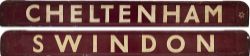 GWR/BR-W wooden carriage board CHELTENHAM-SWINDON painted straw on maroon and measuring 32in long.