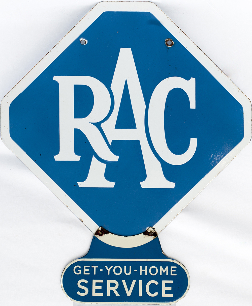 RAC motoring enamel sign RAC with extra sign fixed to the bottom GET YOU HOME SERVICE. Double