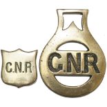 Railway horse brasses x2: GNR small shield 1.5in x 1.5in complete with original mounting lugs; and a