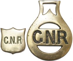 Railway horse brasses x2: GNR small shield 1.5in x 1.5in complete with original mounting lugs; and a