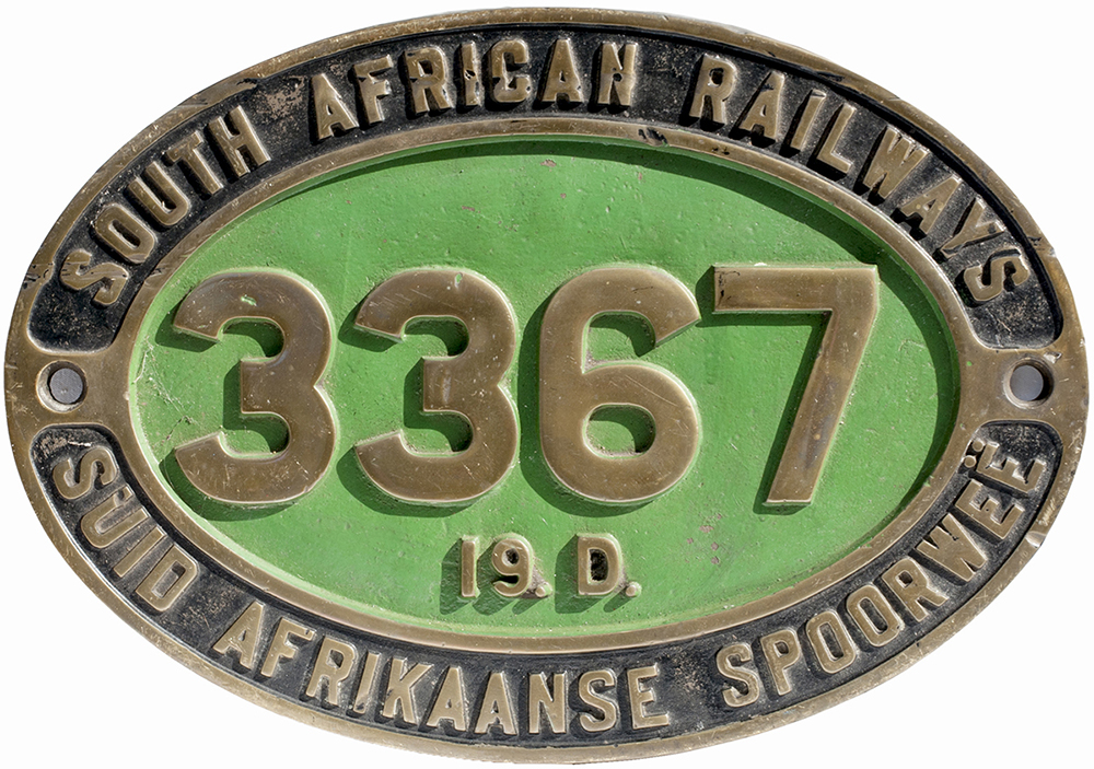 South African Railways class 19D Brass dual language cab side number plate 3367 19D. One of the
