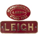 Nameplate LEIGH and matching worksplate THE HUNSLET ENGINE CO LTD LEEDS NO 1439 1923 ex 0-6-0 ST. It