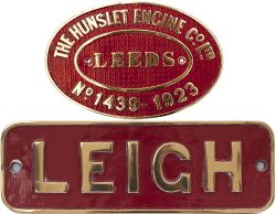Nameplate LEIGH and matching worksplate THE HUNSLET ENGINE CO LTD LEEDS NO 1439 1923 ex 0-6-0 ST. It