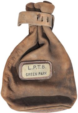 London Passenger Transport Board leather cashbag with machine engraved brass plate L.P.T.B. GREEN