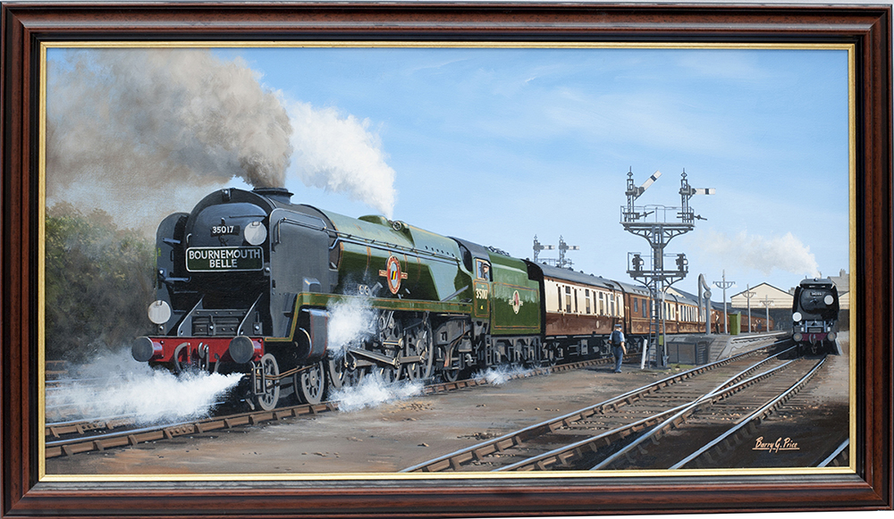 Original oil painting on canvas of Merchant Navy 35017 BELGIAN MARINE at Bournemouth West circa 1960