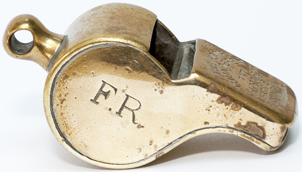 Furness Railway brass guards whistle, stamped in the side F.R. PWAY 281 and stamped on the lip THE