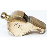Furness Railway brass guards whistle, stamped in the side F.R. PWAY 281 and stamped on the lip THE