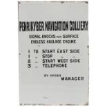 Advertising colliery mining enamel sign PENRIKYBER NAVIGATION COLLIERY SIGNAL KNOCKS FOR SURFACE