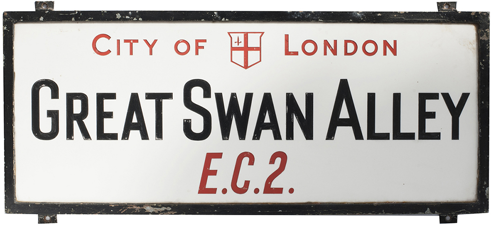 Motoring road street sign CITY OF LONDON GREAT SWAN ALLEY EC2, china glass with original zinc plated