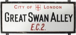Motoring road street sign CITY OF LONDON GREAT SWAN ALLEY EC2, china glass with original zinc plated