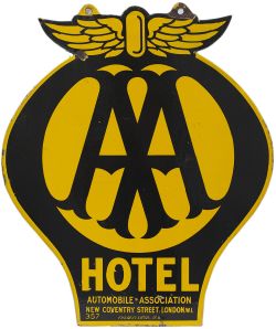 AA motoring enamel sign AA HOTEL AUTOMOBILE ASSOCIATION NEW COVENTRY STREET LONDON W1. Double sided,