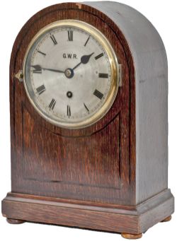 GWR fusee bracket clock with silver engraved dial marked GWR EVANS & SONS BIRMINGHAM. Oak case