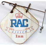 RAC motoring enamel sign RAC LISTED INN, double sided and complete with original hanging bracket.
