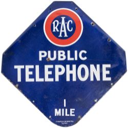RAC motoring enamel sign RAC PUBLIC TELEPHONE 1 MILE measuring 26in x 26in with makers name Franco